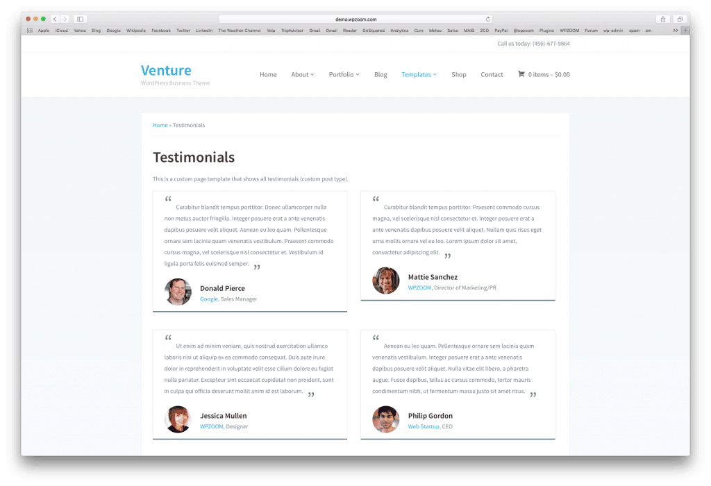 Our Venture theme includes a Page Template that shows all Testimonials on it.