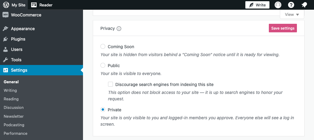 WordPress.com privacy settings