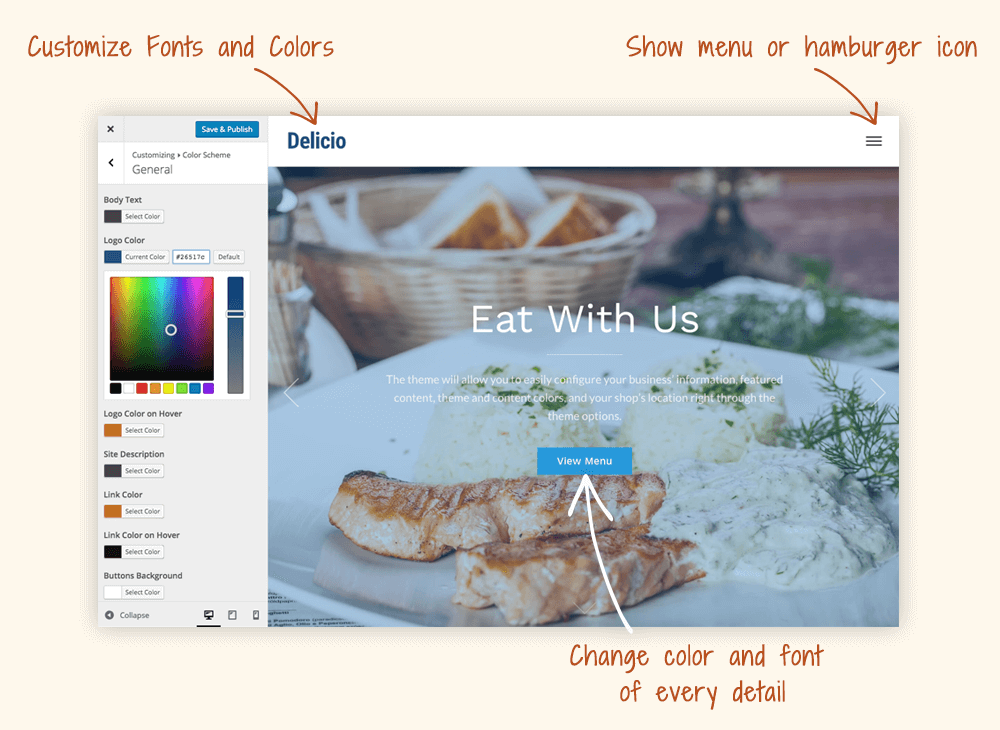 Screenshot of the Delicio WordPress restaurant theme demo