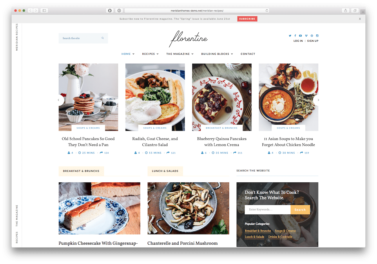 Screenshot of the Florentine food blog WordPress theme