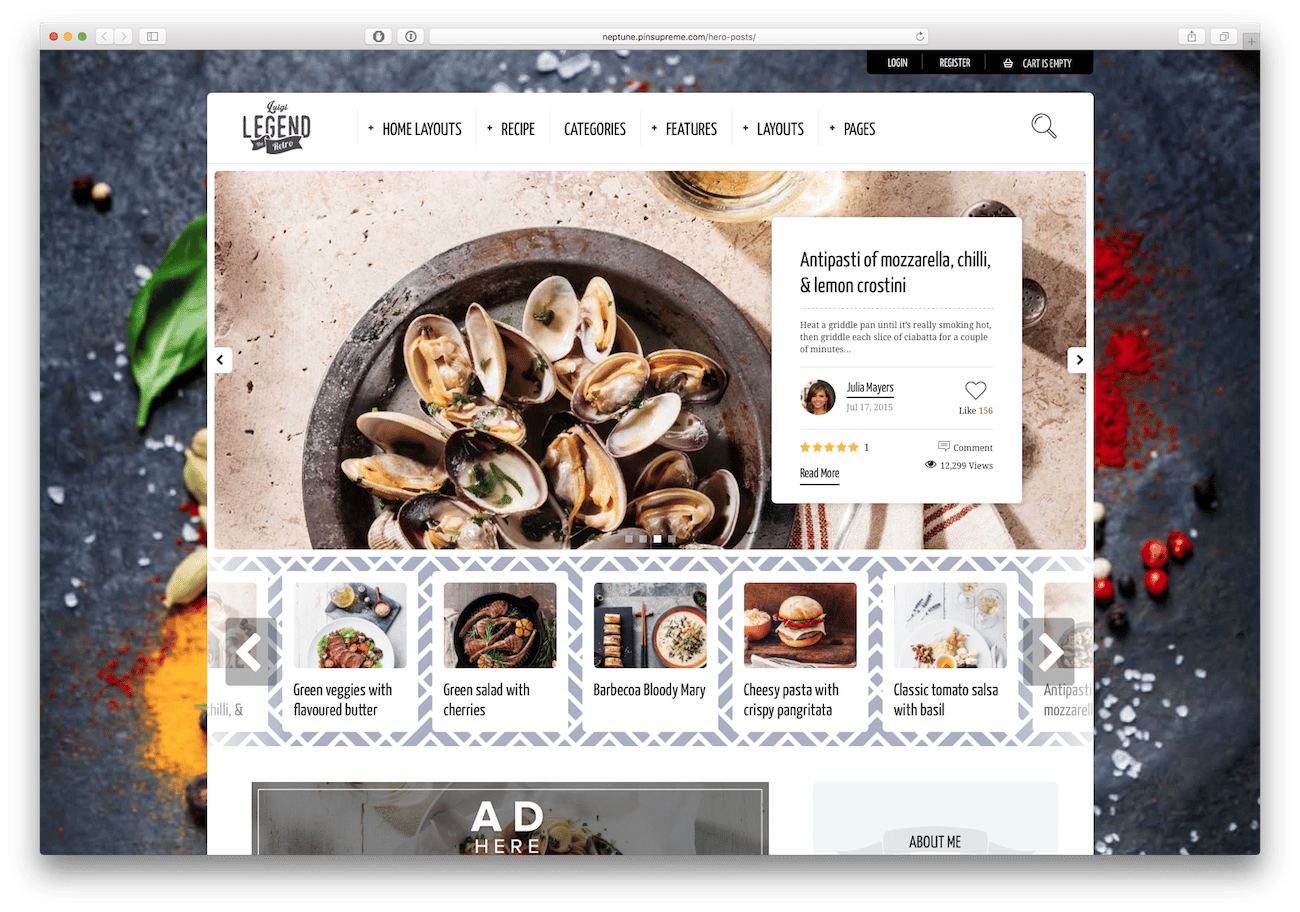 Screenshot of the Neptune food blog WordPress theme