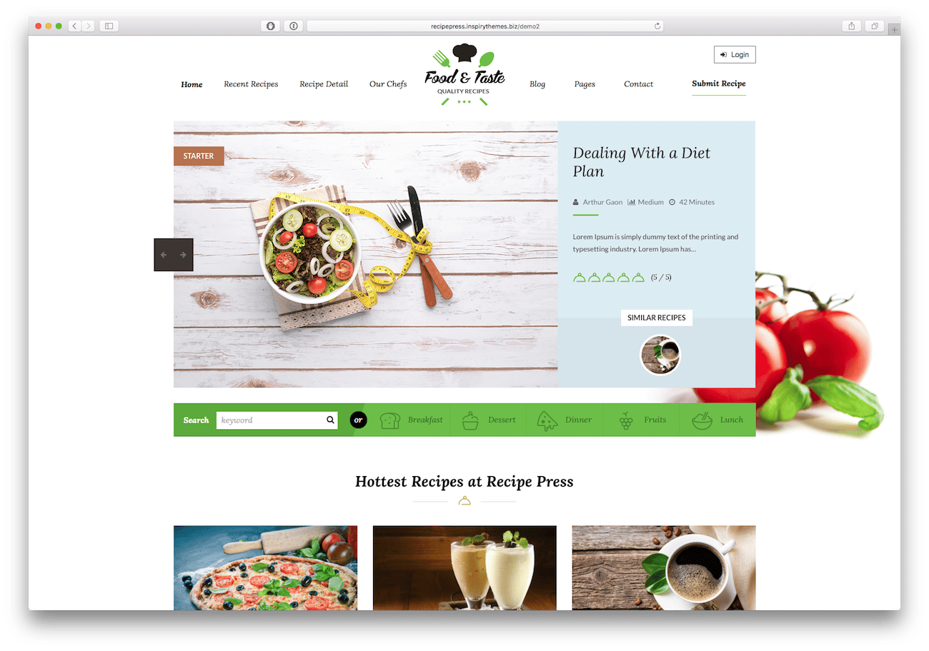 Screenshot of the RecipePress food blog WordPress theme