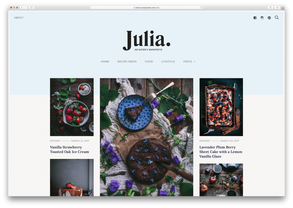 Screenshot of the Julia food blog WordPress theme