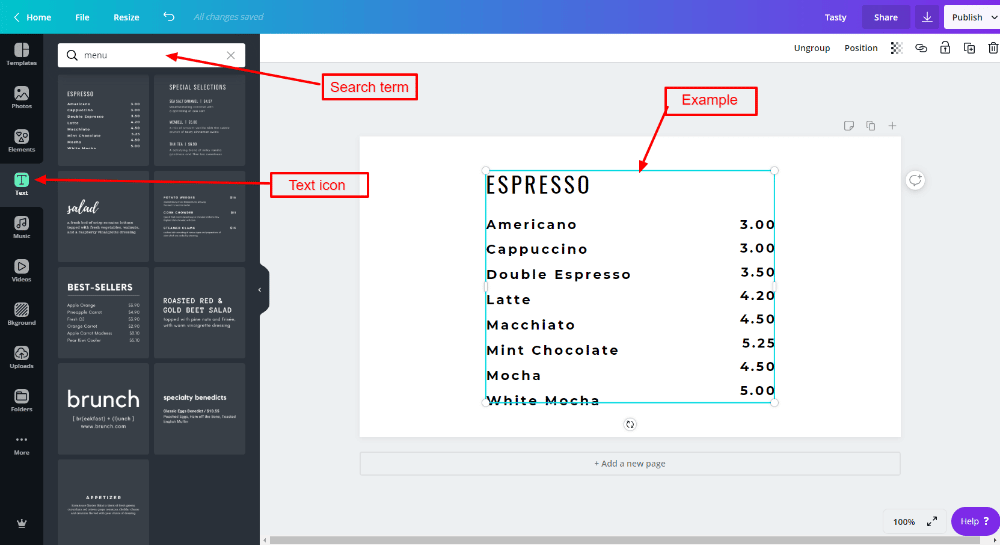 Text options for Canva