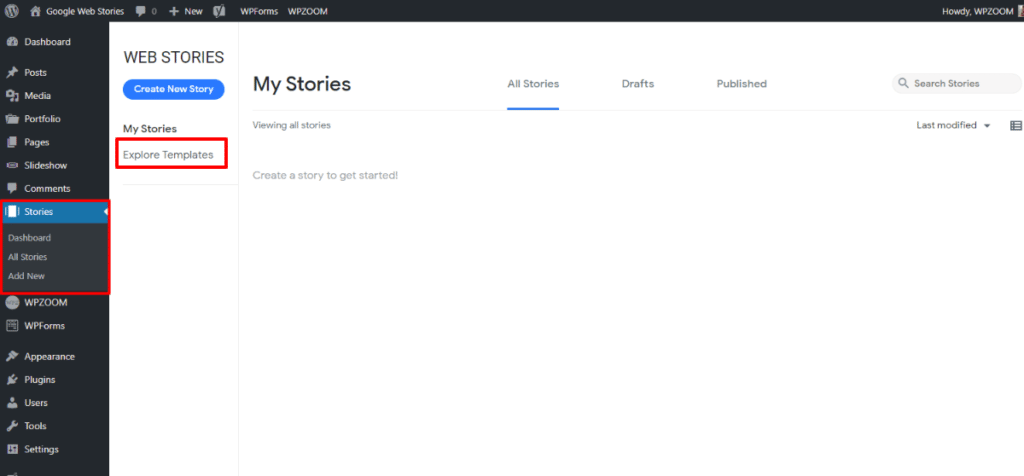 Web Stories Overview page