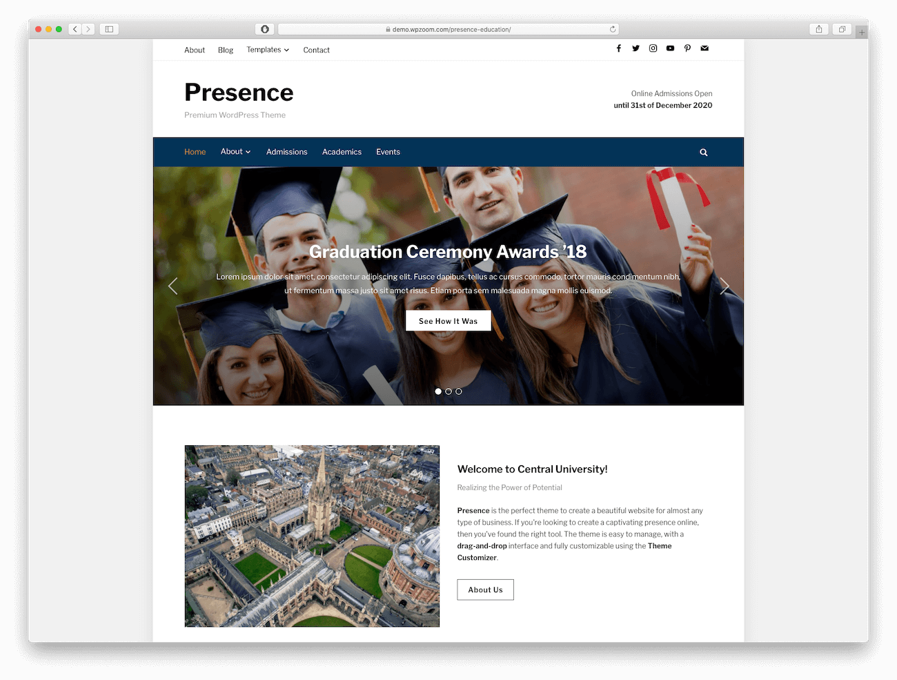 Presence WordPress Education Theme layout