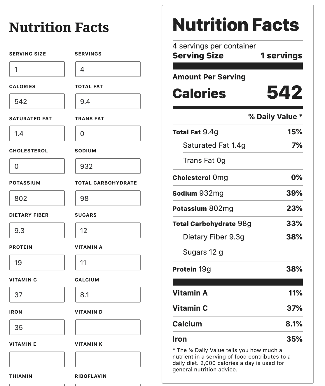 Nutrition information