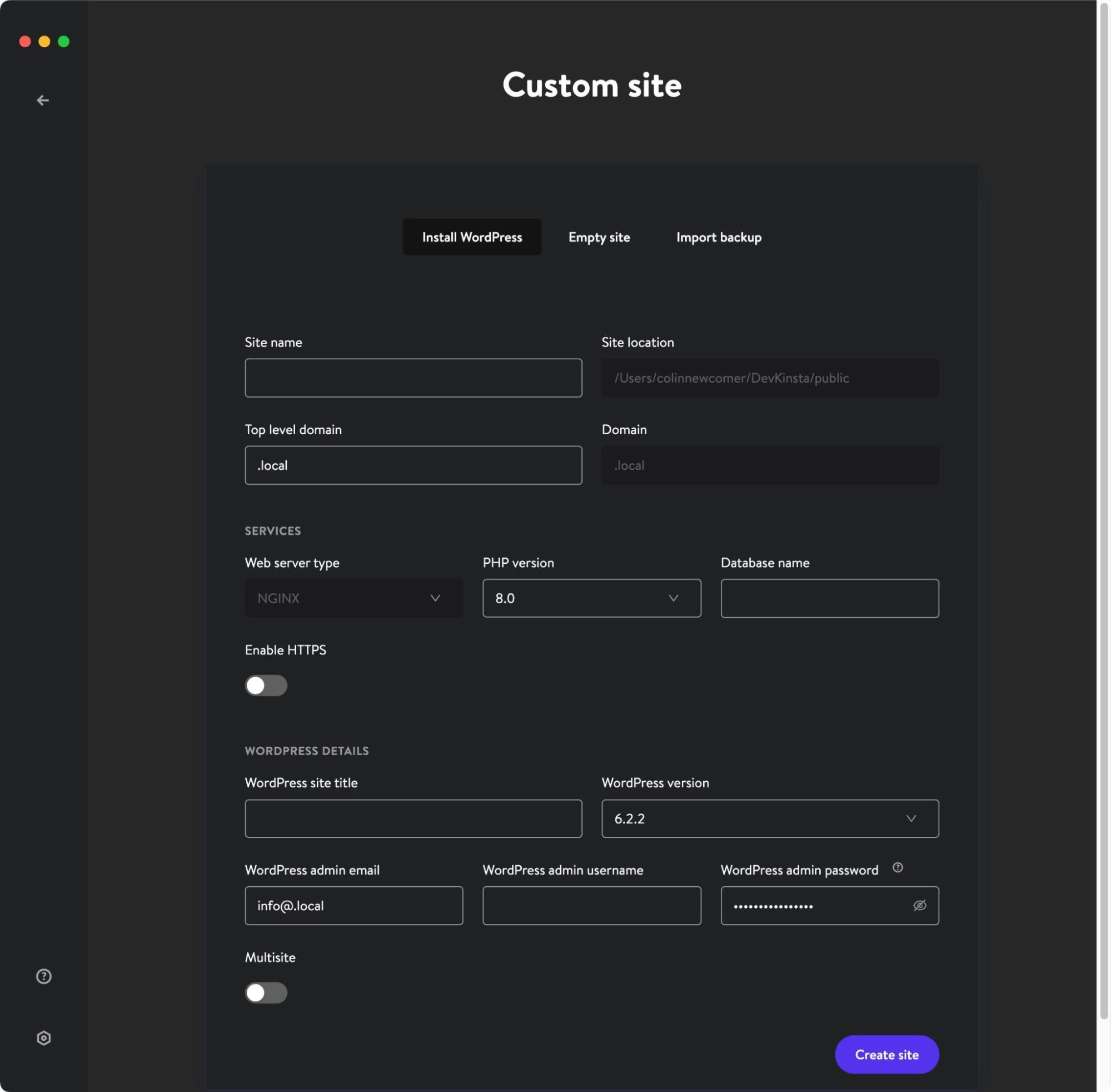 DevKinsta - Custom site options
