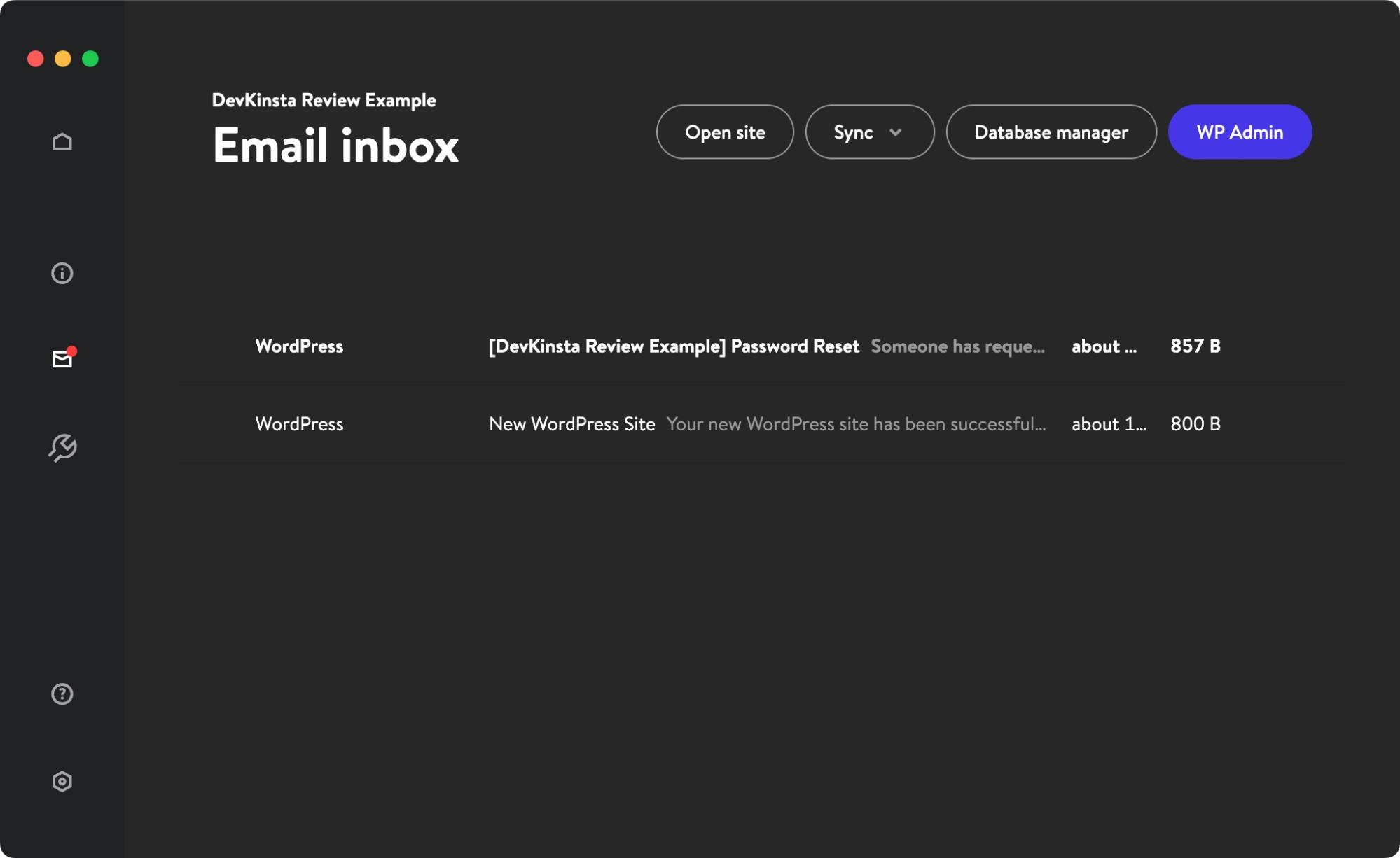 DevKinsta Email Inbox