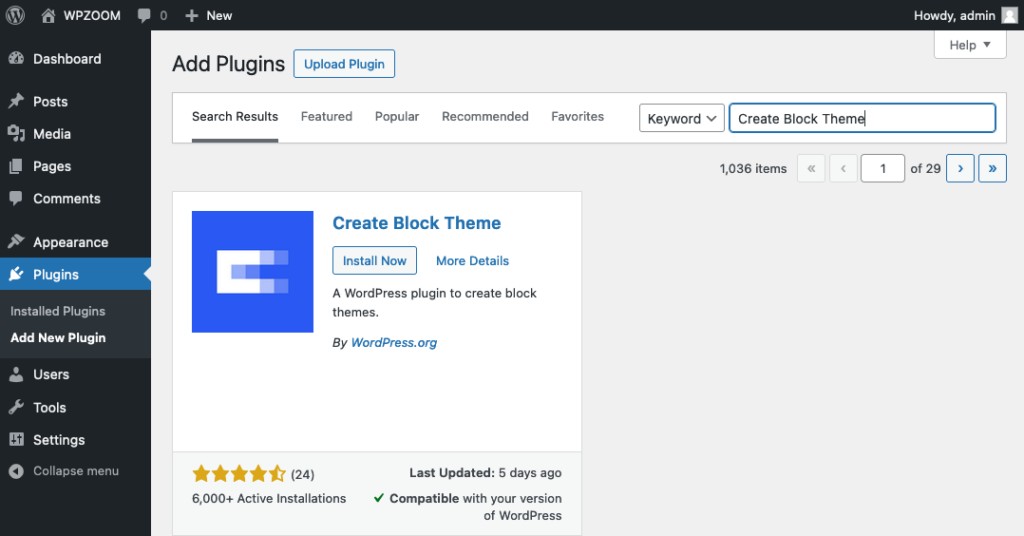 Install Create Block Theme plugin