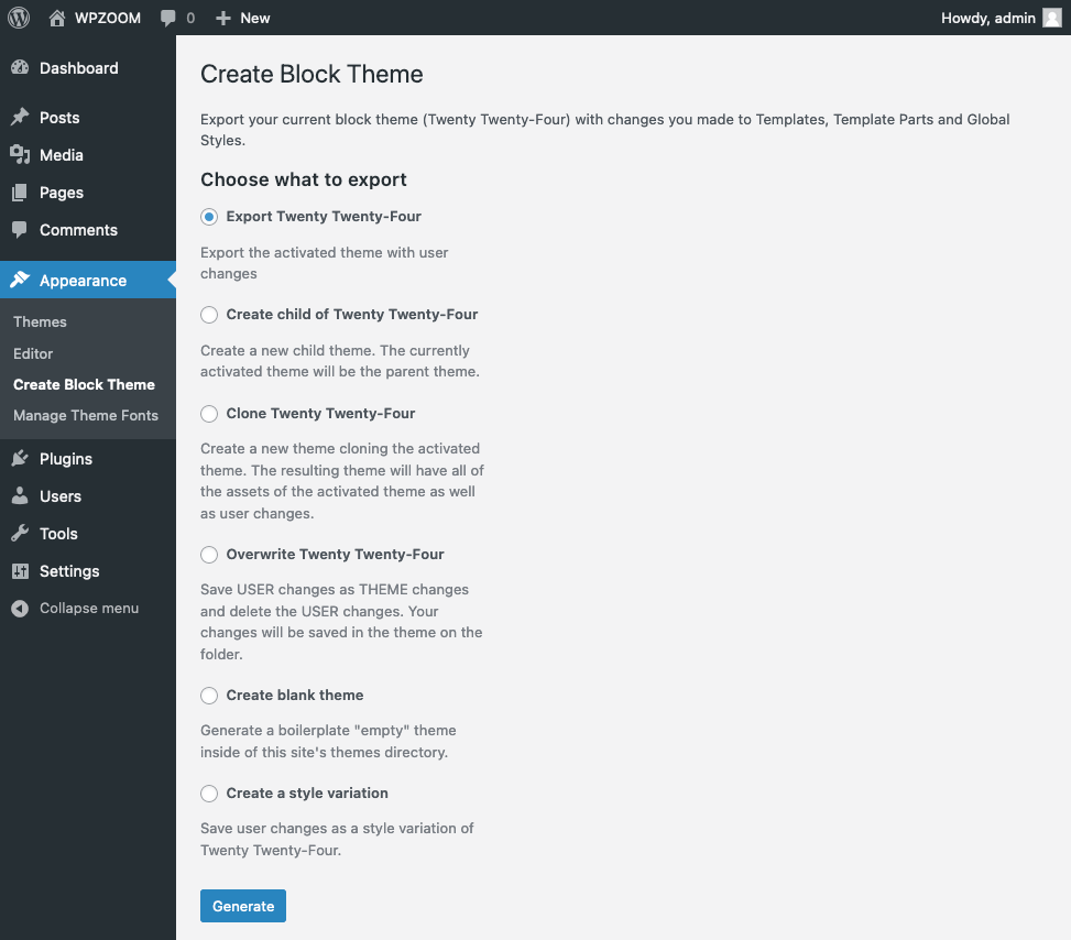Create Block Theme settings