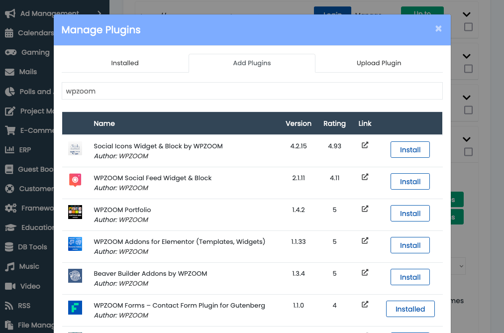 cPanel search plugins