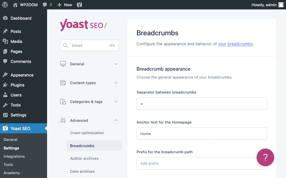 Yoast Settings - Breadcrumbs
