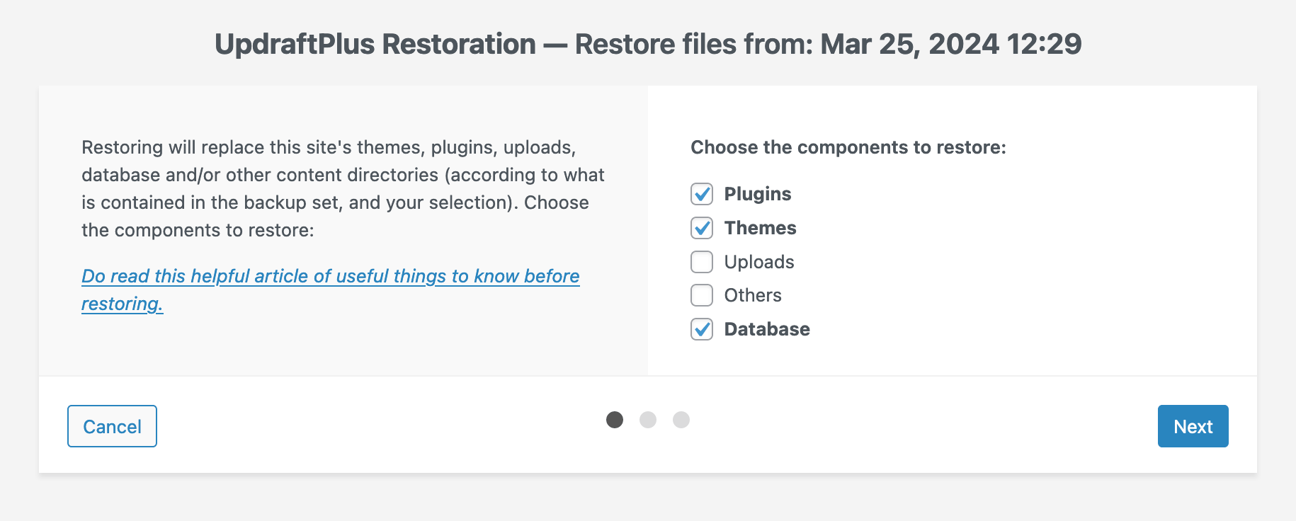 UpdraftPlus - Choose what to restore