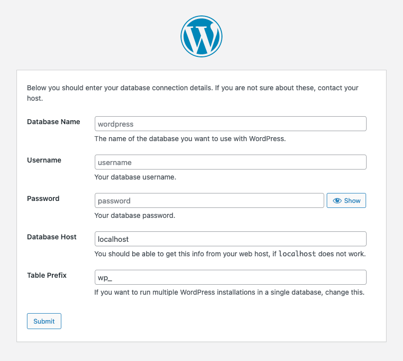 WordPress Installation-Database Details