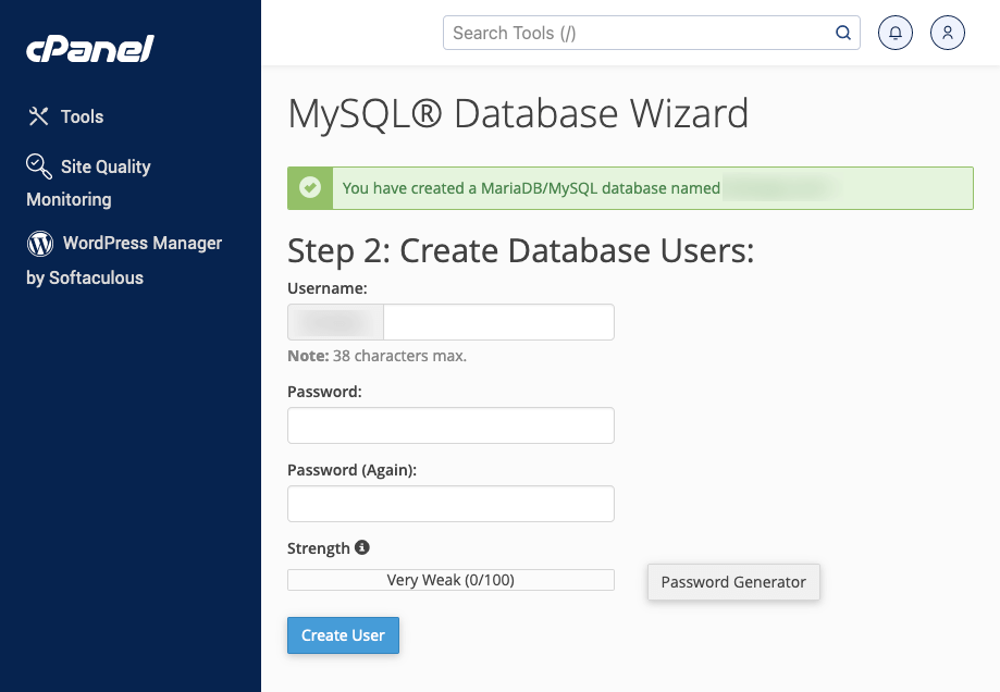 cPanel MySQL database create user