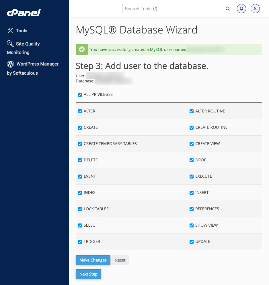 cPanel MySQL database user access