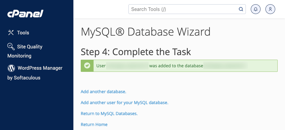 cPanel MySQL database user added