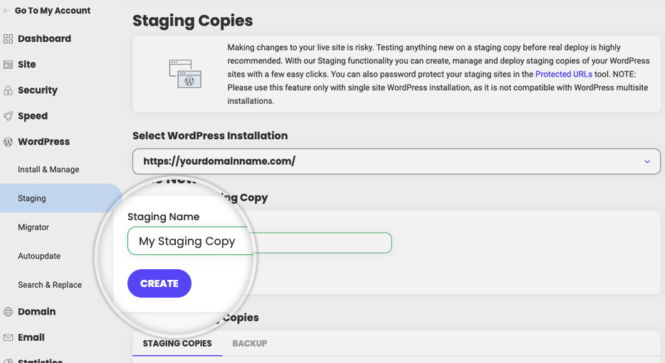 Siteground staging site creation